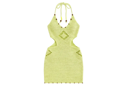 Yellow crochet dress with beaded straps on a white background
