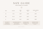Size guide for a faux suede tie jacket with measurements and fitting notes.